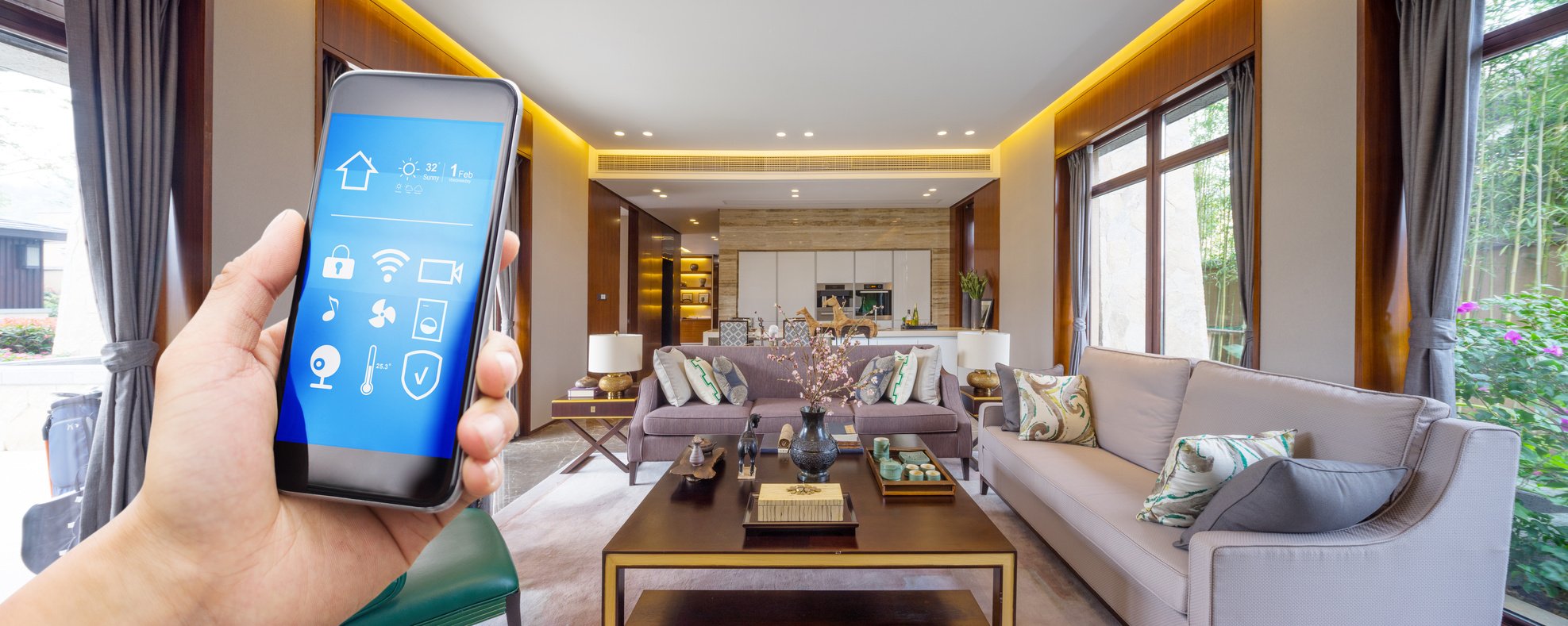 smart phone with smart home with modern living room